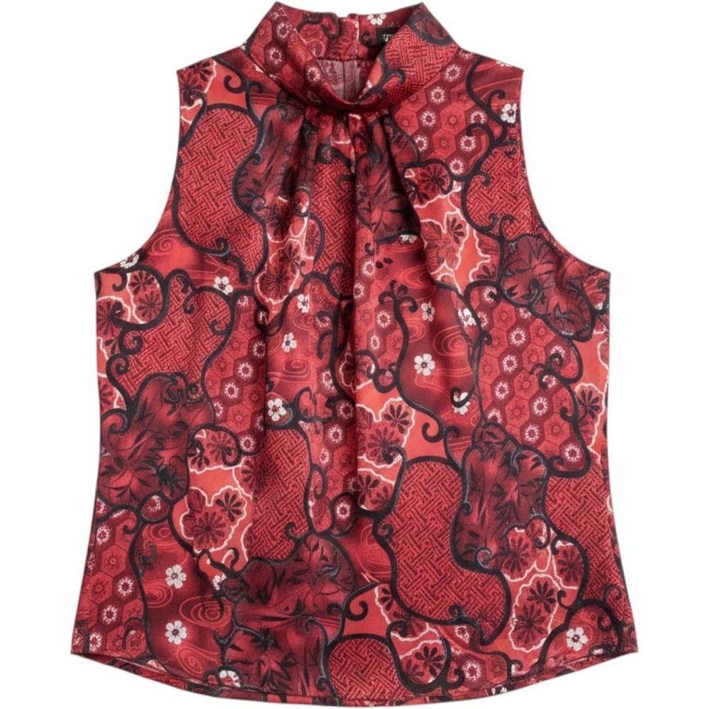Modern Essentials Womens Red Black Floral High Neck Sleeveless Blouse L 1857